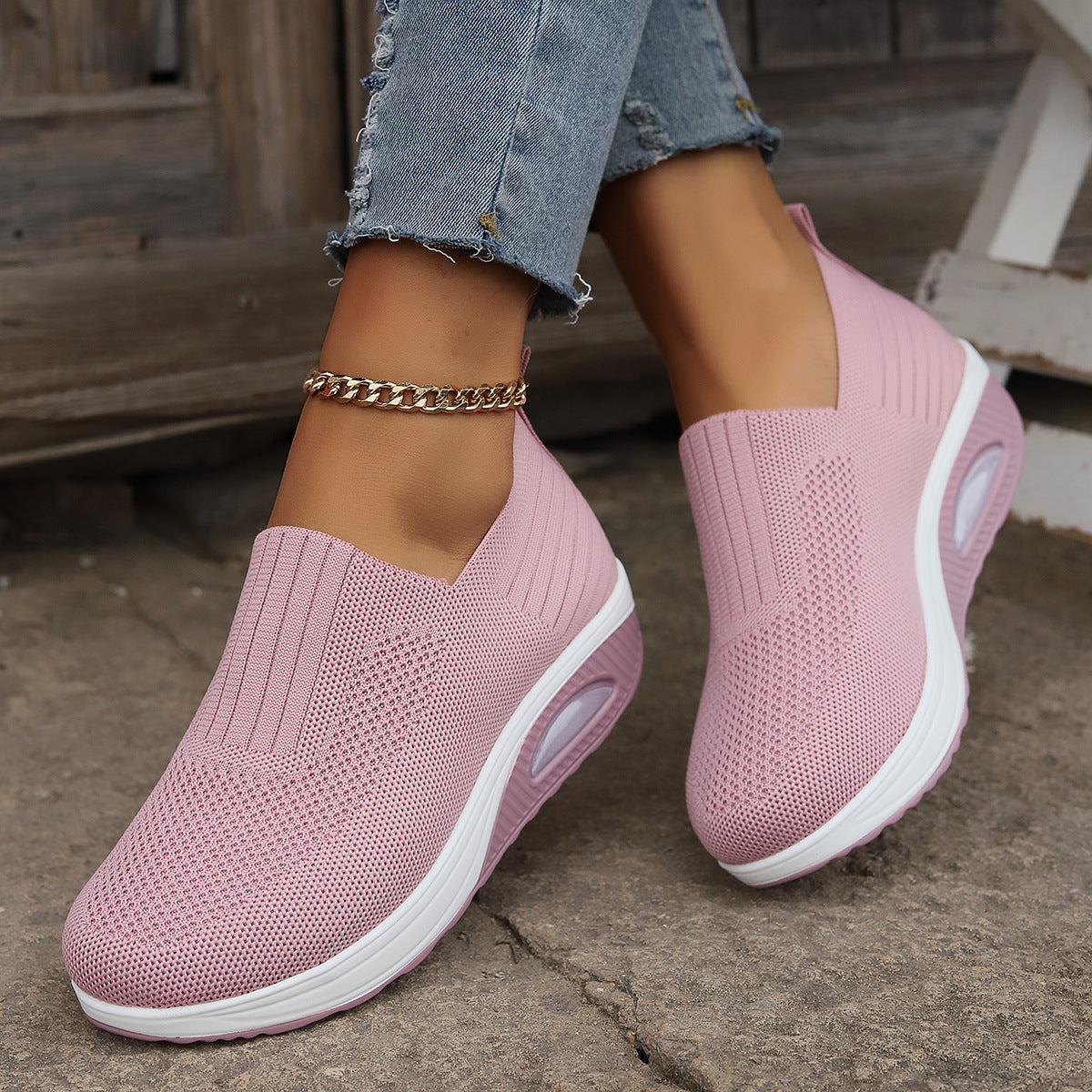 Women's shoes with thick sole and air cushion comfortable for casual sports breathable and fly woven soft soled women's shoes