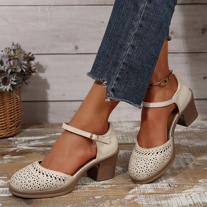 Retro versatile sandals with hollowed out mid heeled toe caps single button shoes for women